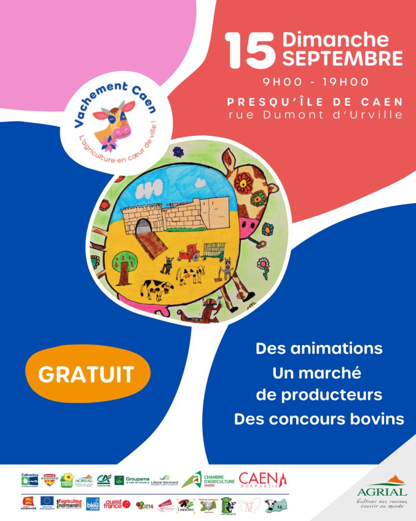 Affiche de l'édition 2024 de "Vachement Caen"
Des animations, un marché de producteurs, des concours bovins
Entrée gratuite