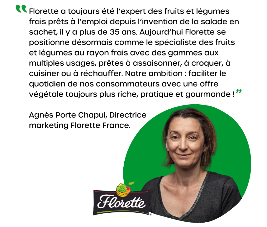 

“FLORETTE a toujours été l’expert des fruits et légumes frais prêts à l’emploi depuis l’invention de la salade en sachet, il y a plus de 35 ans. Aujourd’hui FLORETTE se positionne désormais comme le spécialiste des fruits et légumes au rayon frais avec des gammes aux multiples usages, prêtes à assaisonner, à croquer, à cuisiner ou à réchauffer. Notre ambition : faciliter le quotidien de nos consommateurs avec une offre végétale toujours plus riche, pratique et gourmande ! » explique Agnès Porte Chapui, Directrice marketing FLORETTE France.